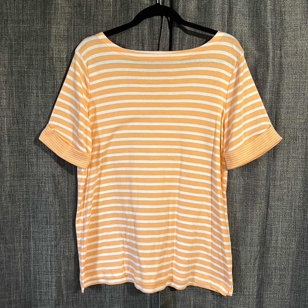 White stag orange and white striped tshirt short sleeve cuffed sleeves large